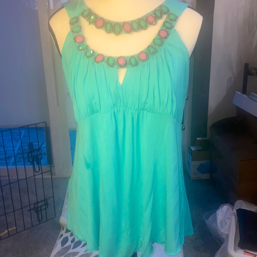 Boston Proper Aqua Tank Top with Pink Accents